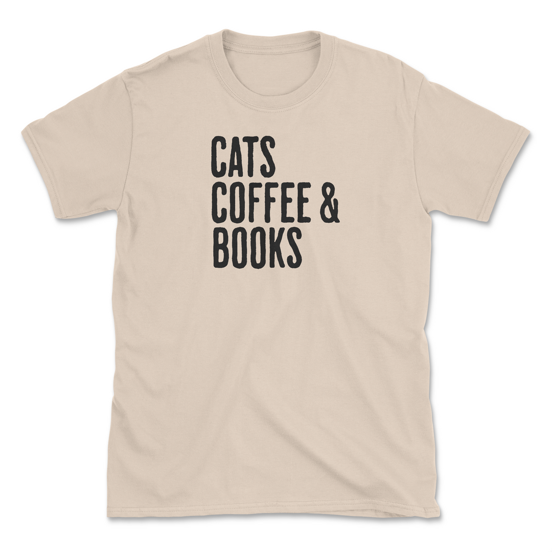 Cats, Coffee & Books - Front Print - Sand (Adult Short Sleeve T-Shirt)